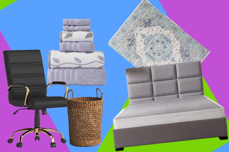 A chair and a basket of towels and other Wayfair products