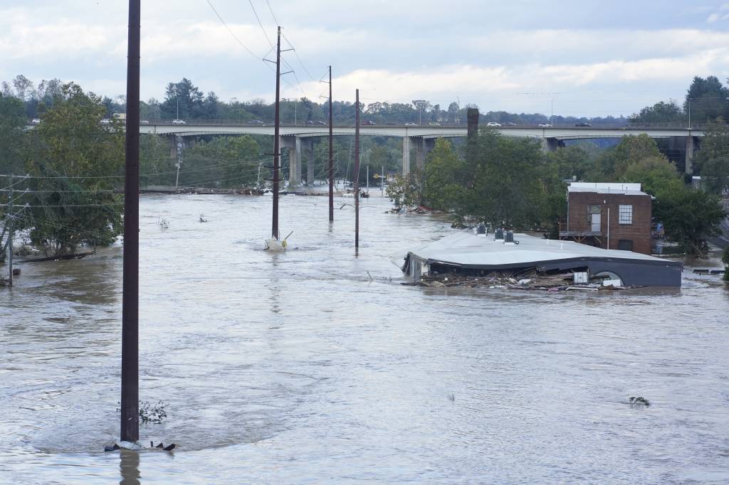 Flood waters seen in Asheville's River Arts District during Hurricane Helene on Sept. 28, 2024.