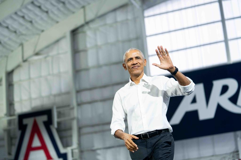 Former President Barack Obama campaigns in Tucson, Arizona, on Oct. 18, 2024.