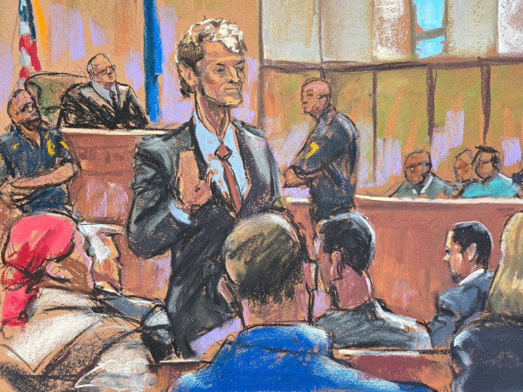 Sketch of former U.S. Marine Daniel Penny waving to potential jurors in a Manhattan Criminal Court during his trial for the homicide of Jordan Neely.