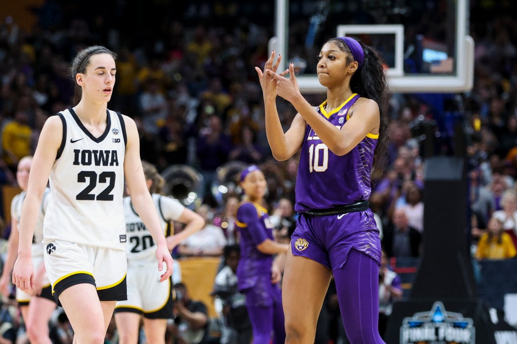 Angel Reese (r.) and the LSU Tigers topped Caitlin Clark (l.) and the Iowa Hawkeyes in the national championship game in April 2023.