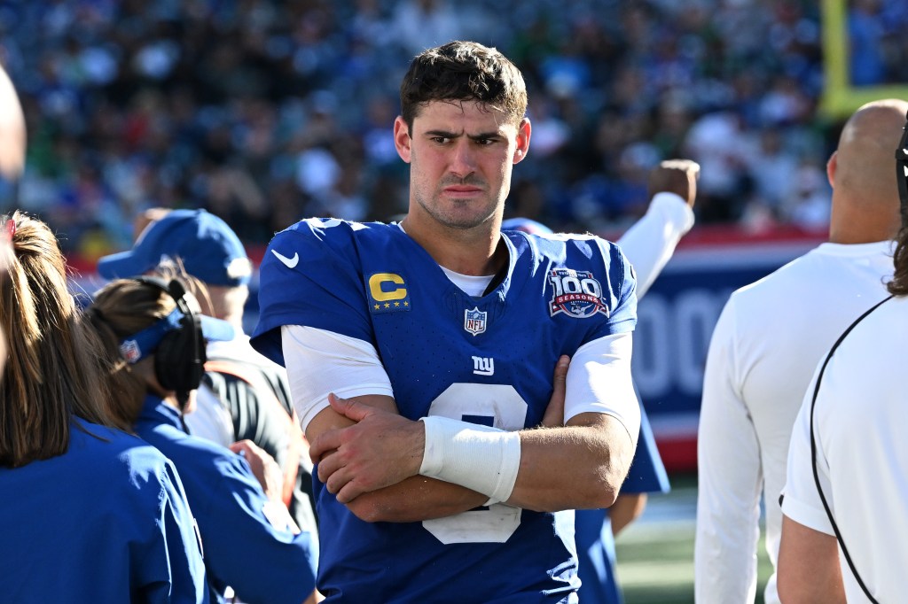 Daniel Jones reacts after being benched during the Giants' loss to the Eagles on Oct. 20, 2024.