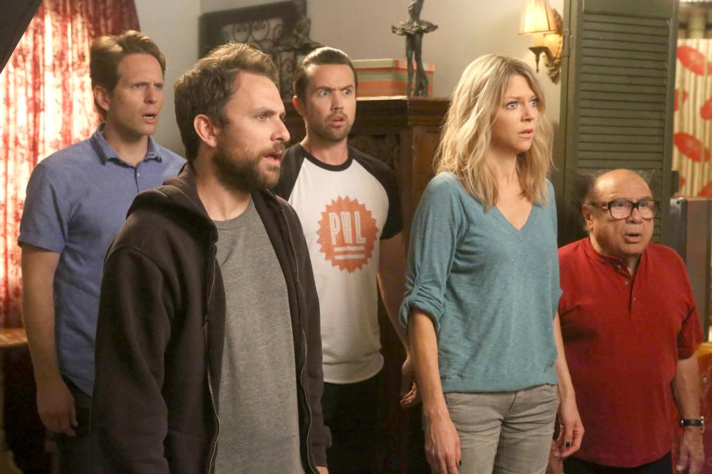 "It's Always Sunny in Philadelphia" Glenn Howerton, Charlie Day, Rob McElhenney, Kaitlin Olson, Danny DeVito in "The Gang Turns Black" (Season 12, Episode 1, aired January 4, 2016).