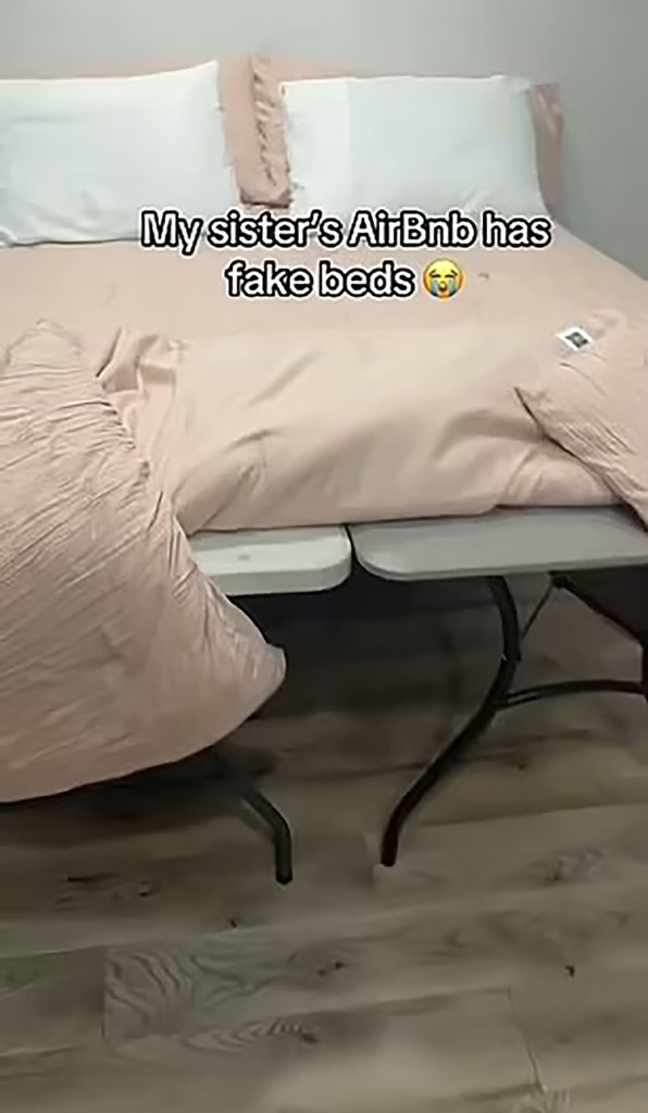 "A screenshot from the viral video posted on TikTok claimed the bed was made of tables.