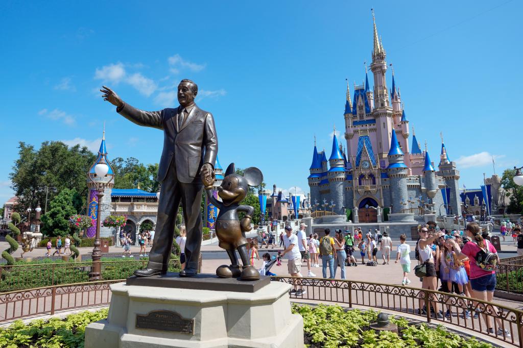 Walt Disney and Mickey Mouse statue at Disney World. 