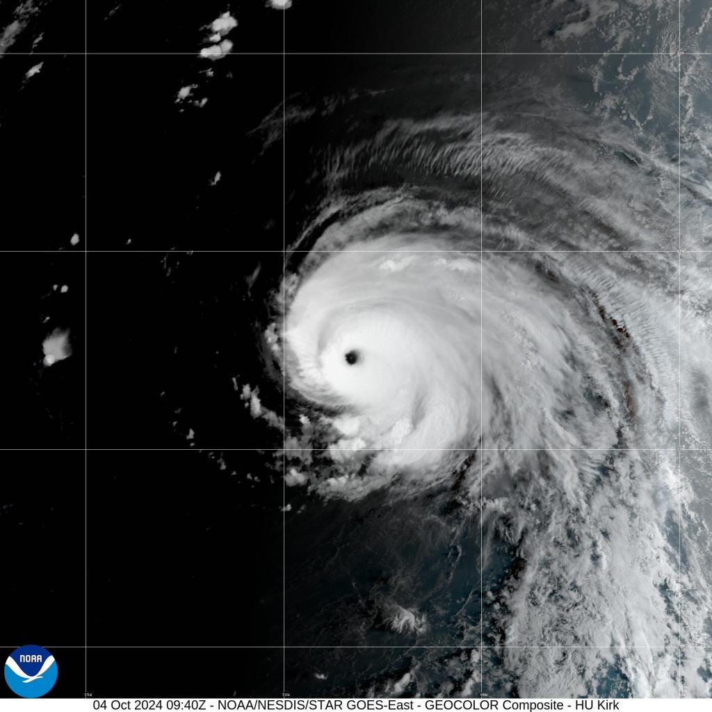 A satellite image of Kirk in the Atlantic on Oct. 4, 2024.