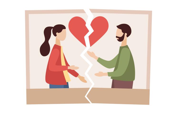 Flat vector icon of a torn photo featuring a couple, symbolizing divorce and the end of their relationship