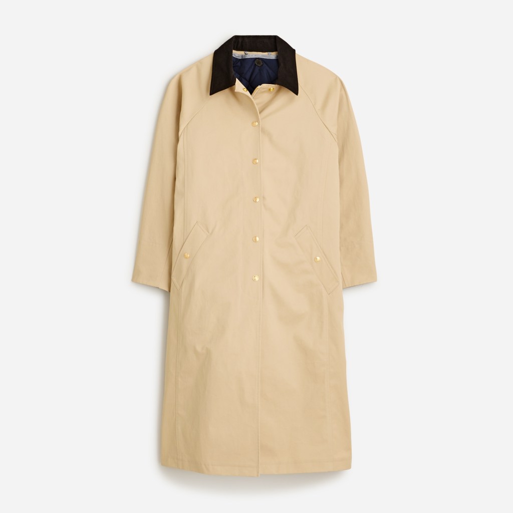 Beige J.Crew long barn jacket in waxed cotton twill with a black collar