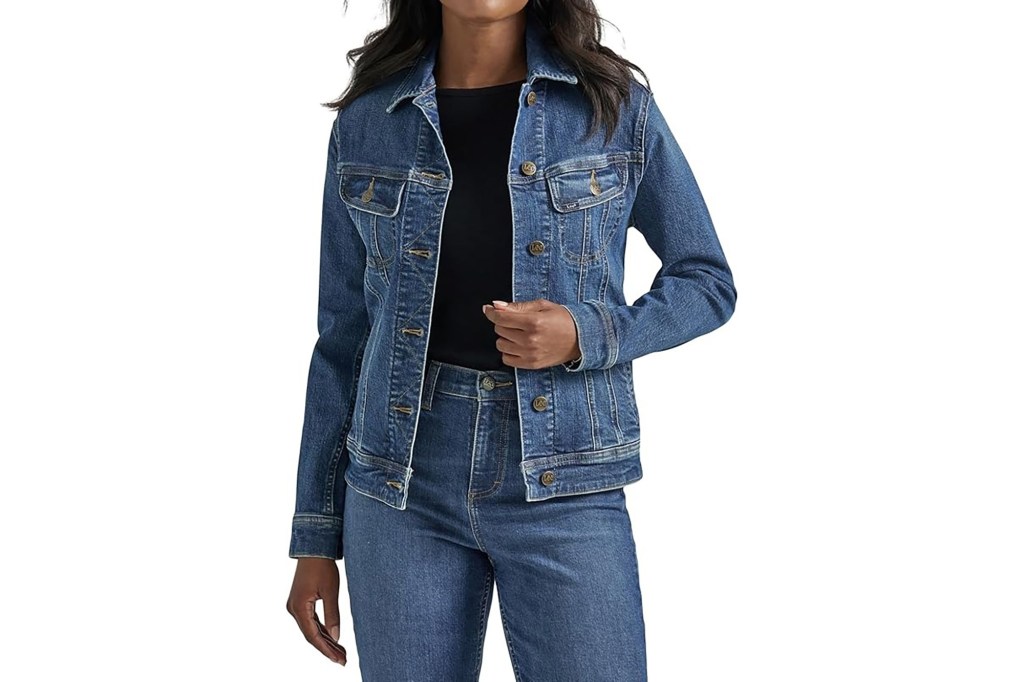 A woman wearing a denim jacket