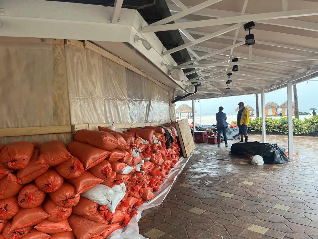 Sand bags piled up at the JW Marriott hotel in Marco Island to protect the property from Milton.