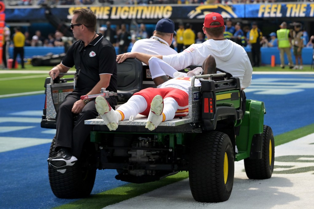 Chiefs wide receiver Rashee Rice is carted off the field with a knee injury on Sept. 29, 2024.