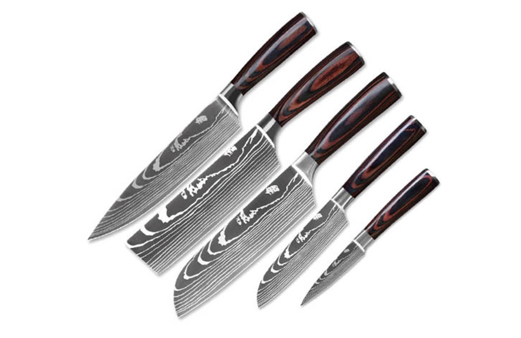 A group of knives with wooden handles