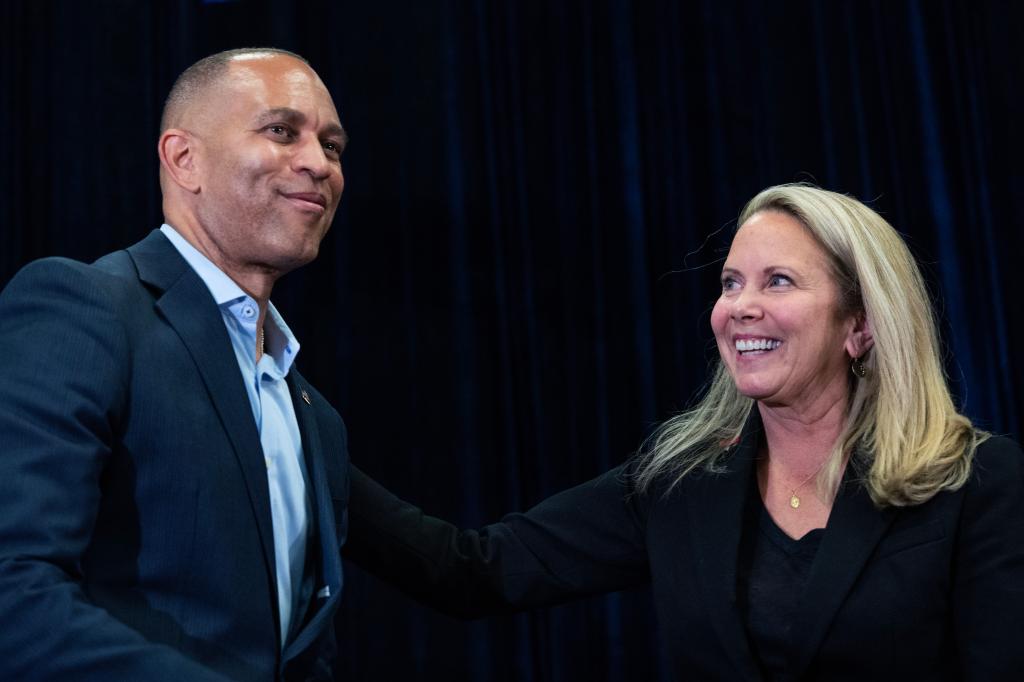 House Minority Leader Hakeem Jeffries and Laura Gillen, the Democratic candidate for New York's 4th Congressional District, at a campaign rally in Hempstead on Oct. 17, 2024.