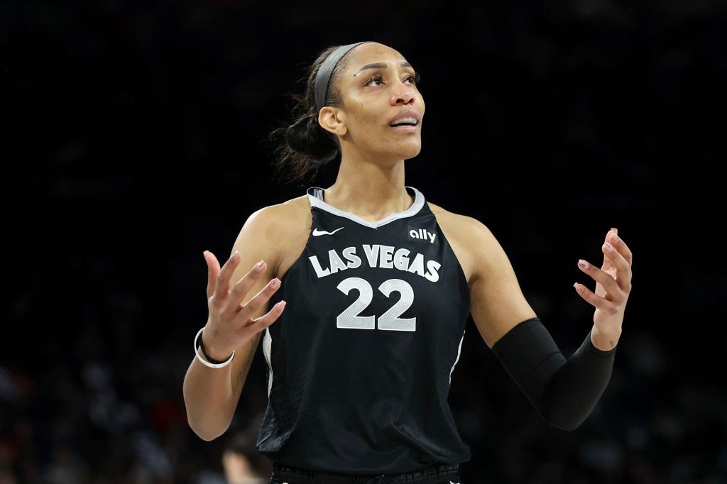 A'ja Wilson reacts during Game 4 on Oct. 6.