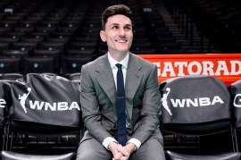 Jonathan Kolb, General Manager of the New York Liberty, sitting in a chair at Barclays Center prior to Round 1 Game 2 of the 2024 WNBA Playoffs