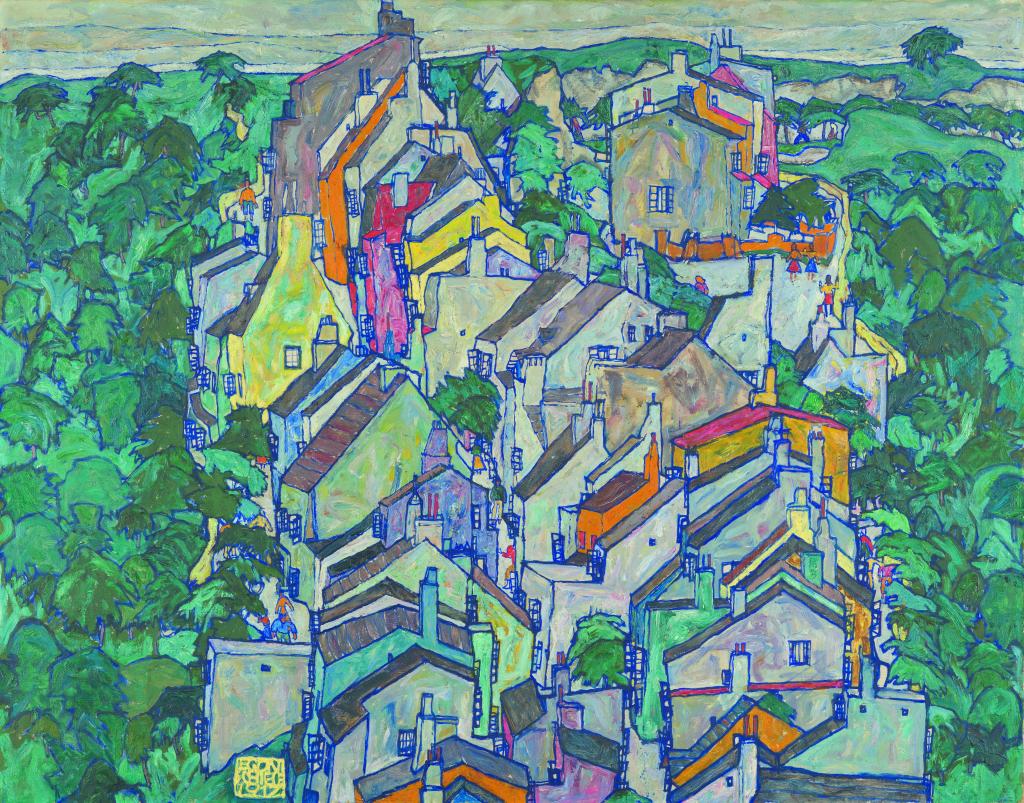 Egon Schiele's 1917 oil painting 'The Old City III', depicting a town immersed in lush greenery