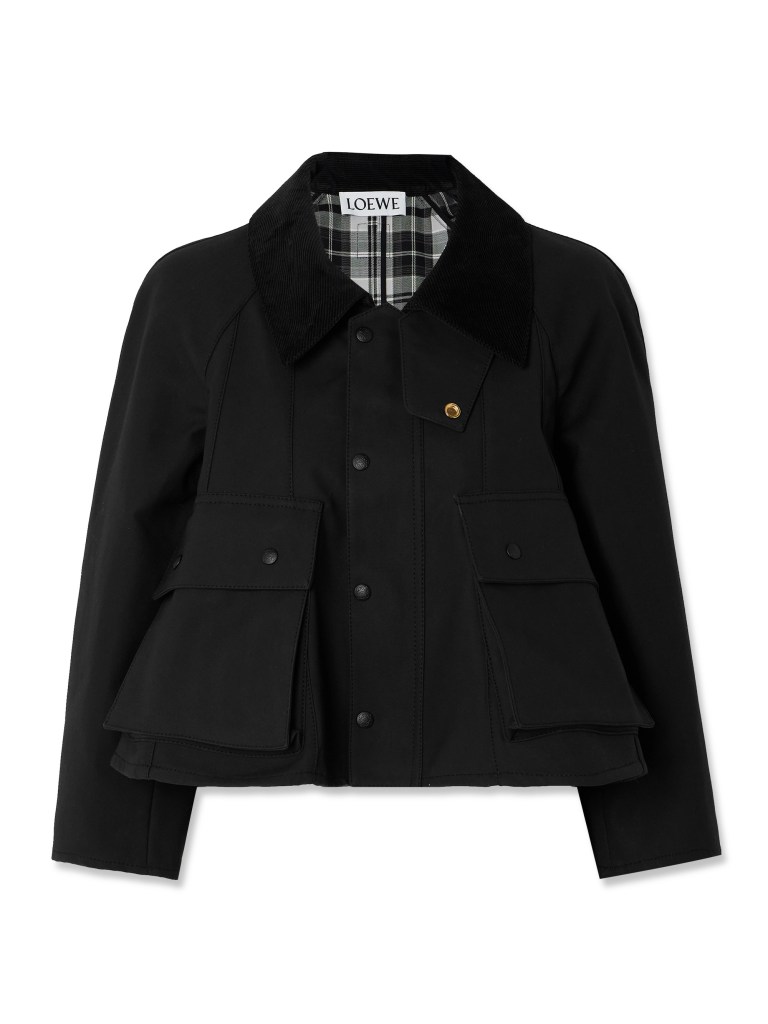 Black Loewe cropped corduroy-trimmed waxed cotton-canvas jacket