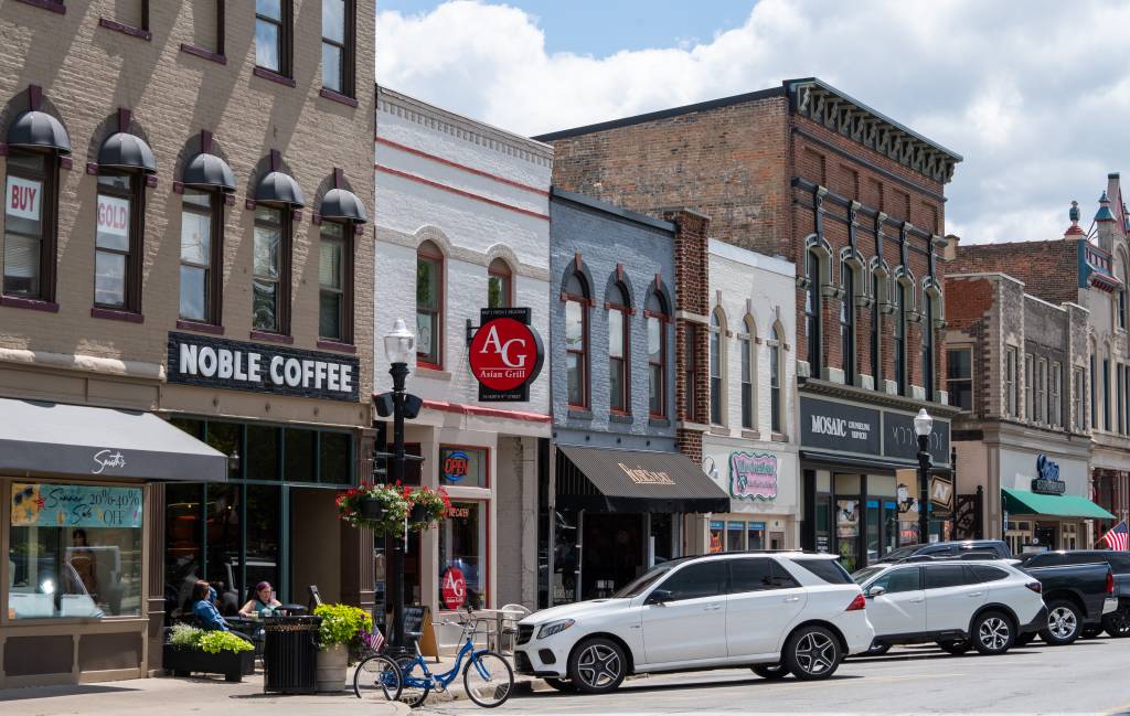 Shops seen along North 9th Street in Noblesville, Indiana.