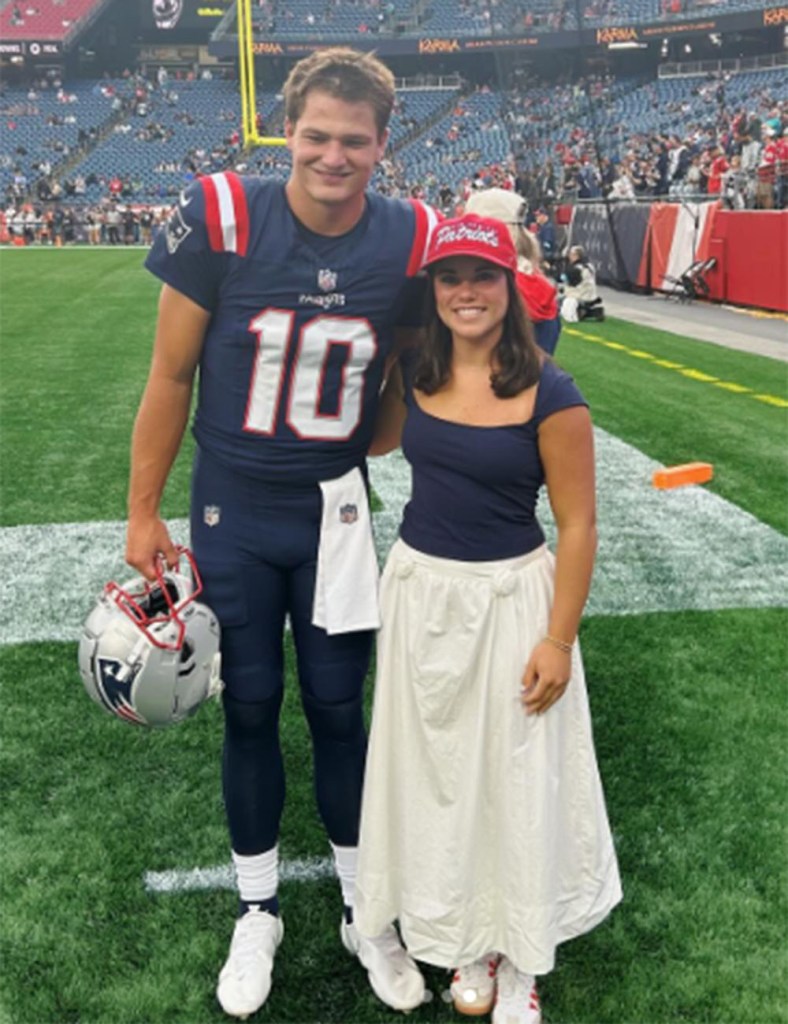 Drake Maye and his girlfriend, Ann Michael Hudson at Gillette Stadium in Foxborough in August 2024. 