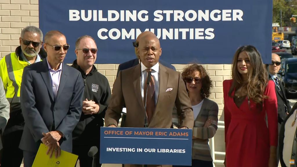 Mayor Eric Adams at a groundbreaking at a Queens library.