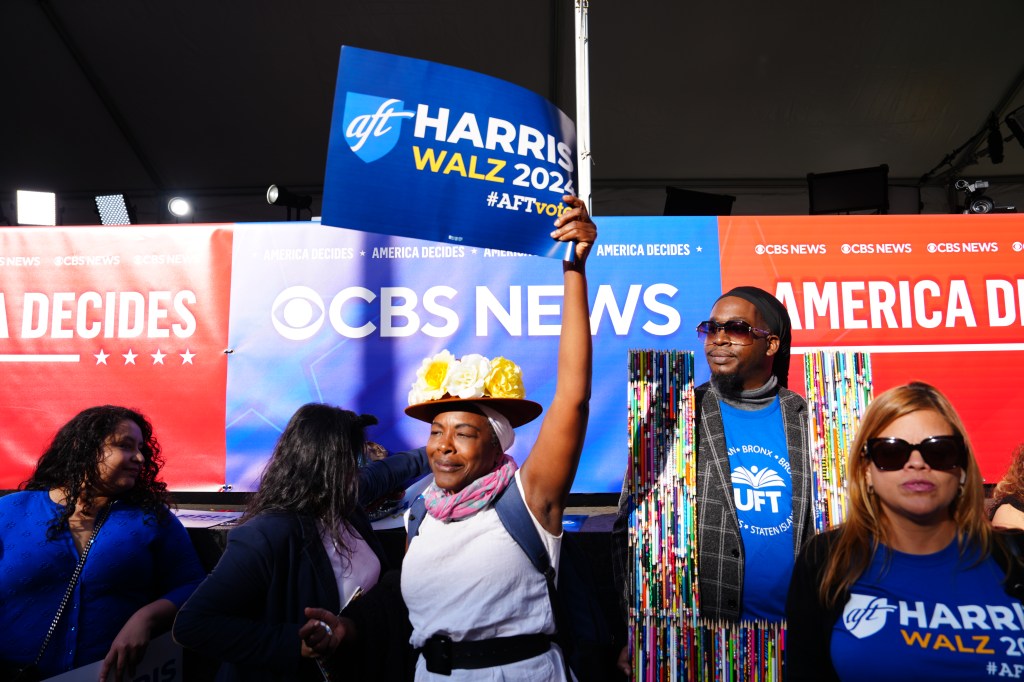 Harris supporters and United Federation of Teachers members gathered outside the CBS Broadcast Center to support Walz ahead of the vice presidential debate on Oct. 1, 2024.