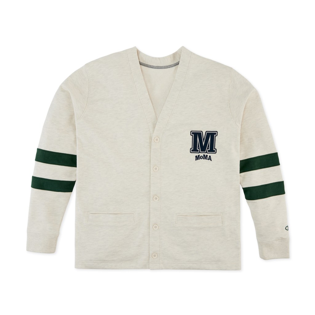 Front view of a white sweater with green stripes from the MOMA X Champion collaboration