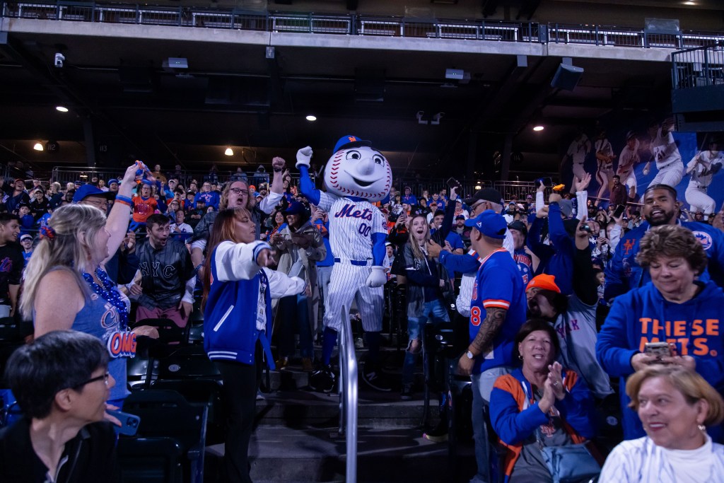 Mr. Met and Mets fans watch the playoffs during a watch party at Citi Field .