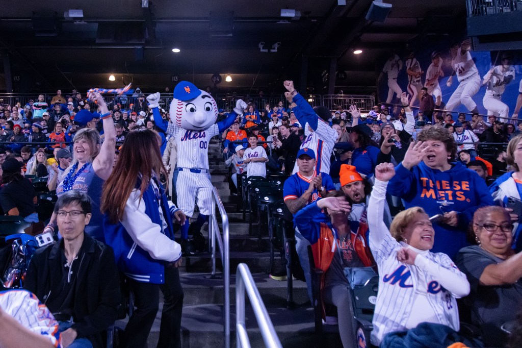 Mr. Met and Mets fans watch the playoffs during a watch party at Citi Field .