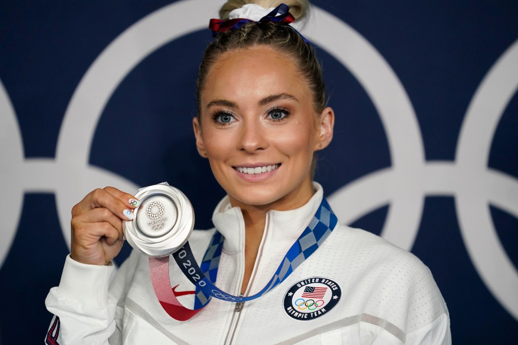 Mykayla Skinner, of United States, poses for a photo with her silver medal for vault after the artistic gymnastics apparatus finals at the 2020 Summer Olympics, Sunday, Aug. 1, 2021, in Tokyo, Japan.