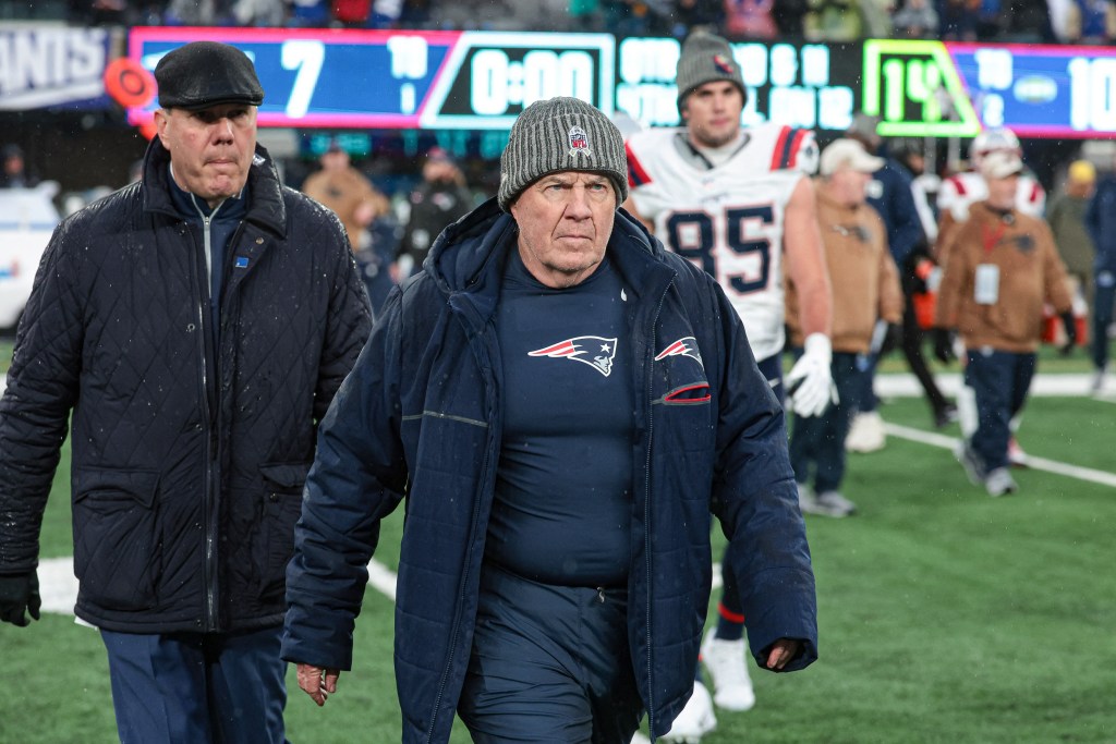 Patriots head coach Bill Belichick walks off the field after the game against the New York Giants at MetLife Stadium on Nov. 26, 2023.