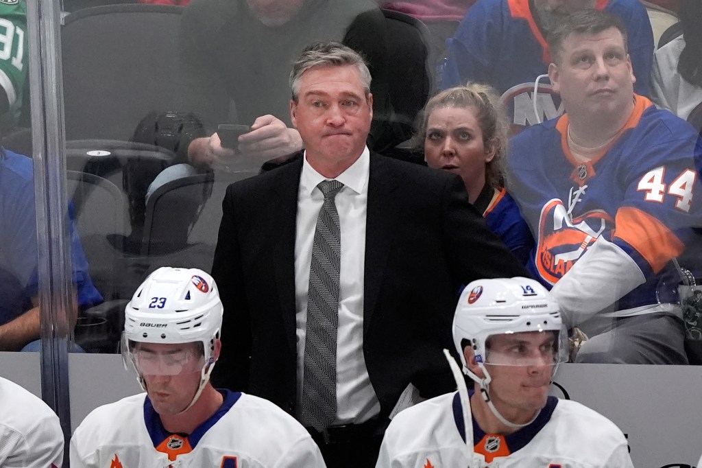 Patrick Roy reacts during the Islanders' loss to the Stars on Oct. 12, 2024. 