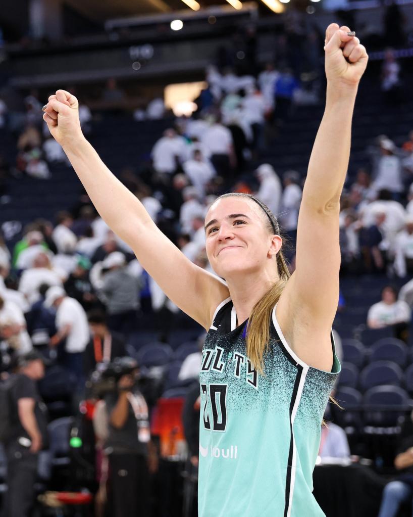 Sabrina Ionescu celebrates the Liberty's win after Game 3 of the WNBA Finals on Oct. 16, 2024.