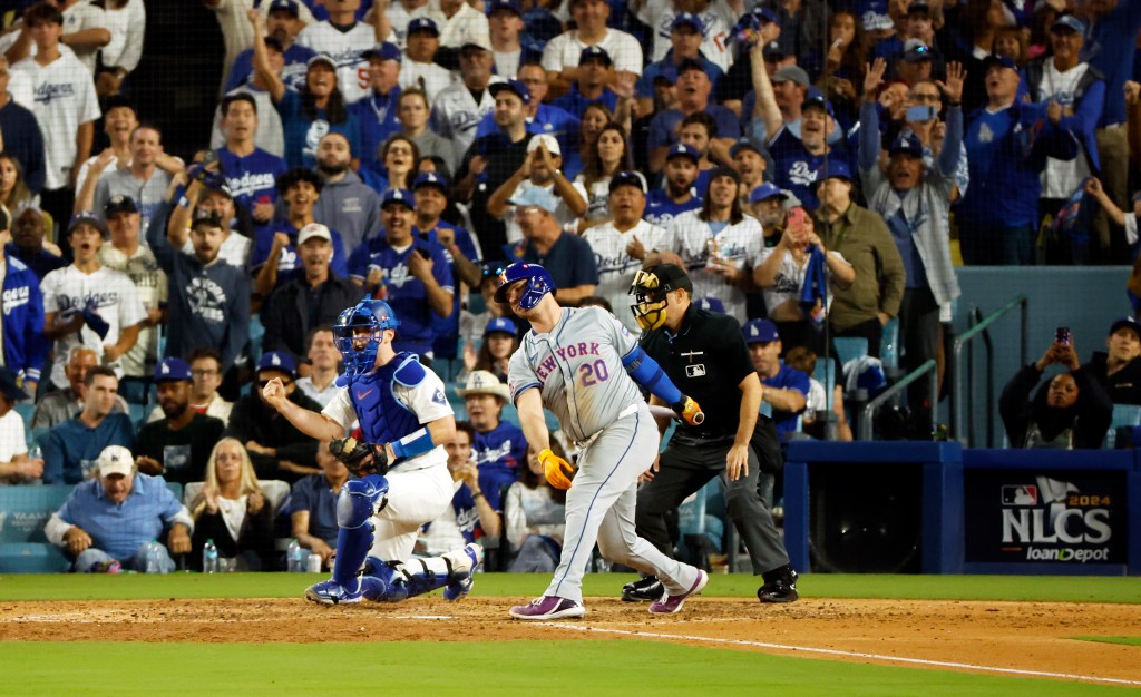 Mets first baseman Pete Alonso strikes out in the eighth inning during of the team's 10-5 loss at Dodger Stadium.