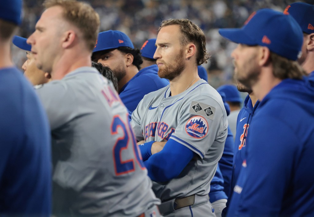 Mets left fielder Brandon Nimmo in the dugout during the ninth inning, as the Dodgers beat the Mets 9-0 on Sunday.