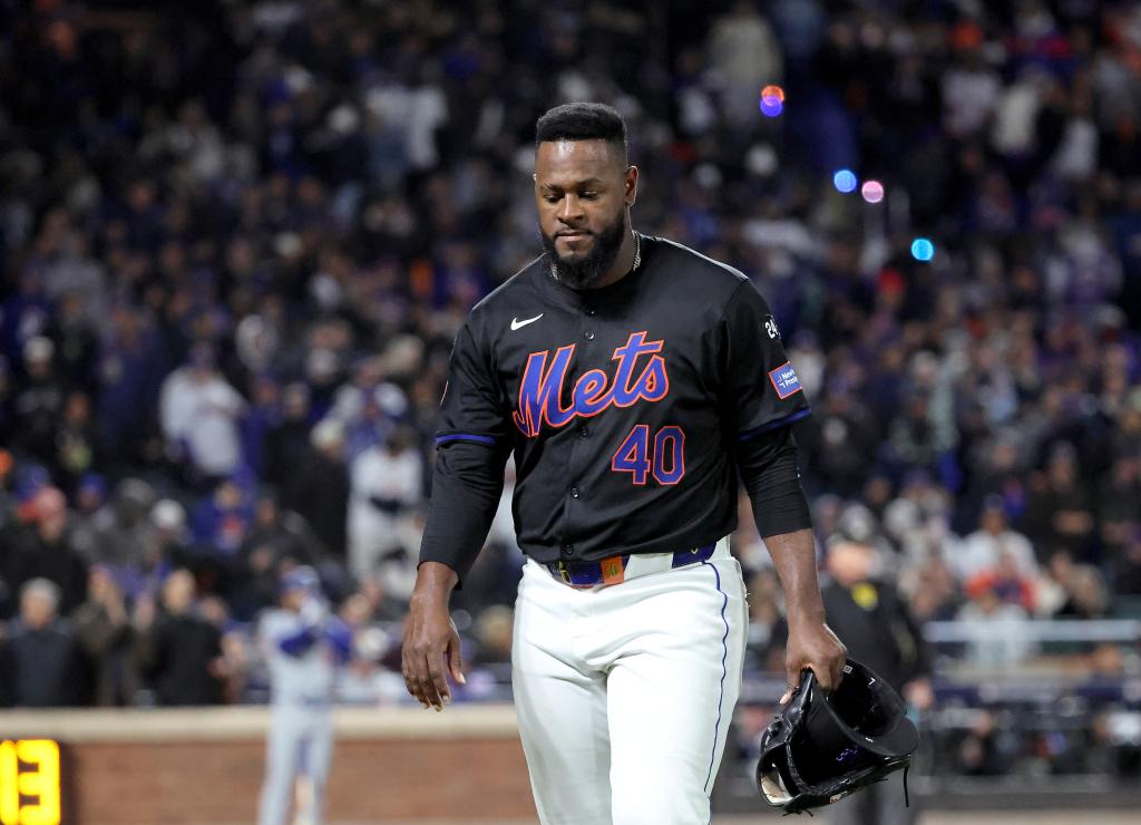 Mets starting pitcher Luis Severino reacts as he walks back to the dugout after being pulled from Game 3 during the fifth inning at Citi Field on Oct. 10.