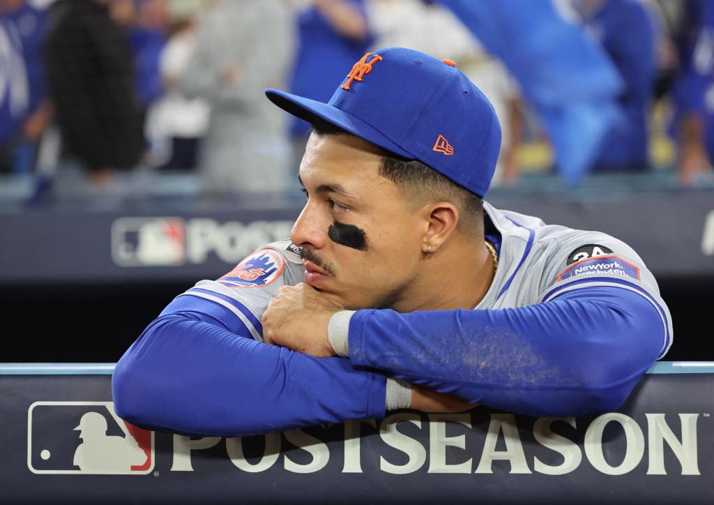 Mark Vientos reacts after the Mets' loss to the Dodgers on Oct. 20, 2024. 