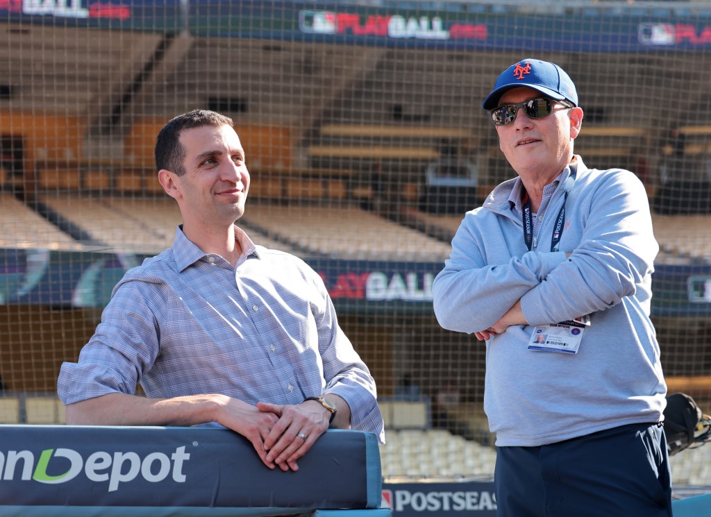 Mets president of baseball operations David Stearns (l.) and owner Steve Cohen (r.) before Game 1 of the NLCS in Los Angeles on Oct. 13, 2024.