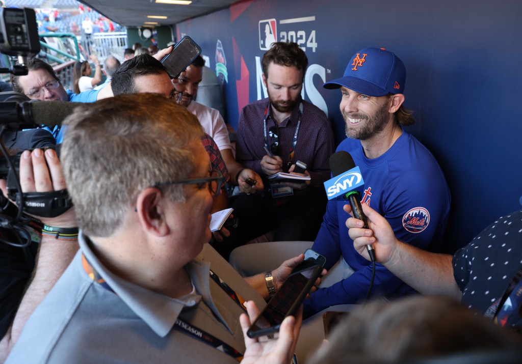 Injured New York Mets Jeff McNeil speaking to reporters before the game.