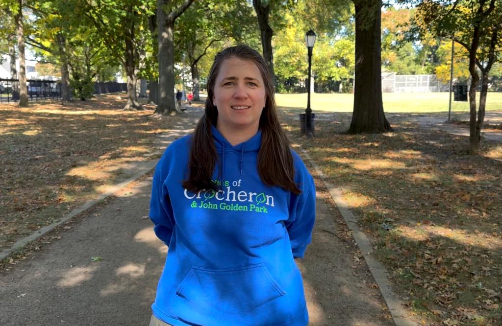 Jessica Burke wears a Friends of Crocheron and John Golden Park shirt.