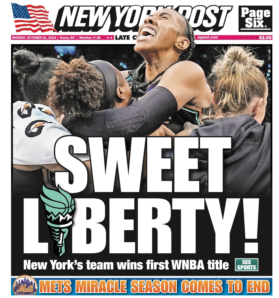 New York Post cover for Monday, October 21, 2024. Front Page. Sweet Liberty.