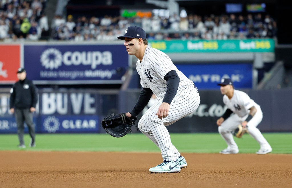 New York Yankees Anthony Rizzo playing first base with wrapped hand in game one of ALCS series against Cleveland Guardians at Yankee Stadium