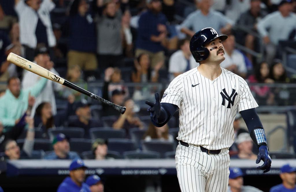 New York Yankees catcher Austin Wells watches his three run home run in the seventh inning against the Kansas City Royals at Yankee Stadium in The Bronx, New York, USA, Monday, September 09, 2024.