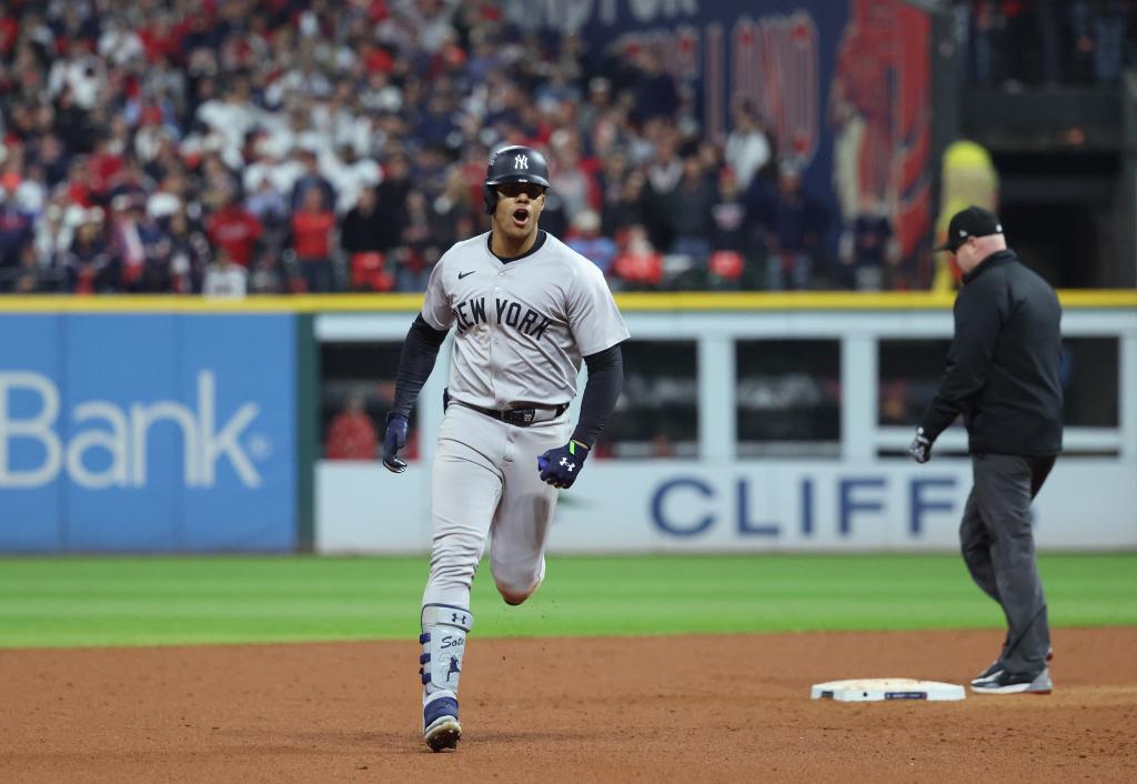 Yankees outfielder Juan Soto #22, reacts after hitting a 3-run homer