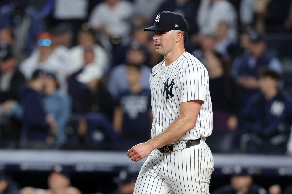 Yankees starter Carlos Rodon reacts after giving up three runs in the fourth inning against the Royals on Oct. 7, 2024.