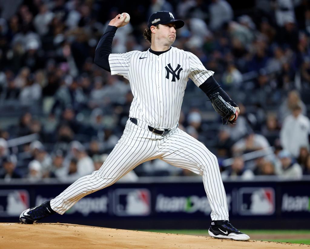 Yankees starting pitcher Gerrit Cole throws a pitch to the Cleveland Guardians.