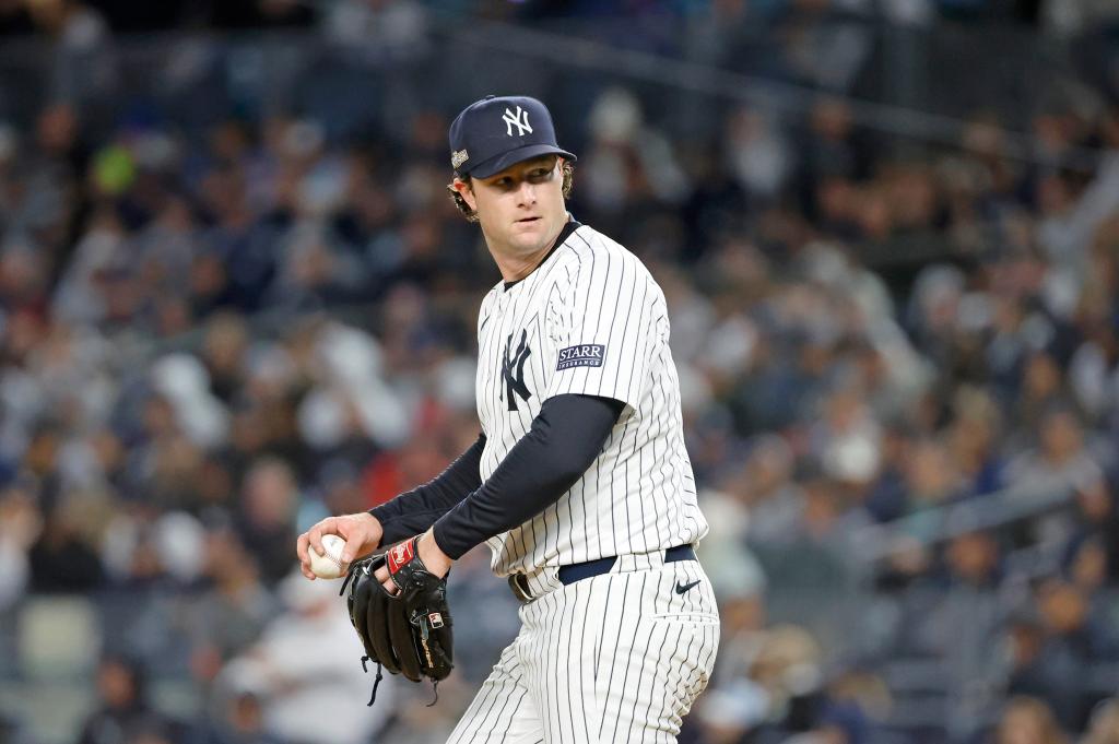 New York Yankees starting pitcher Gerrit Cole reacting on the mound during the fourth inning of the ALCS game at Yankee Stadium