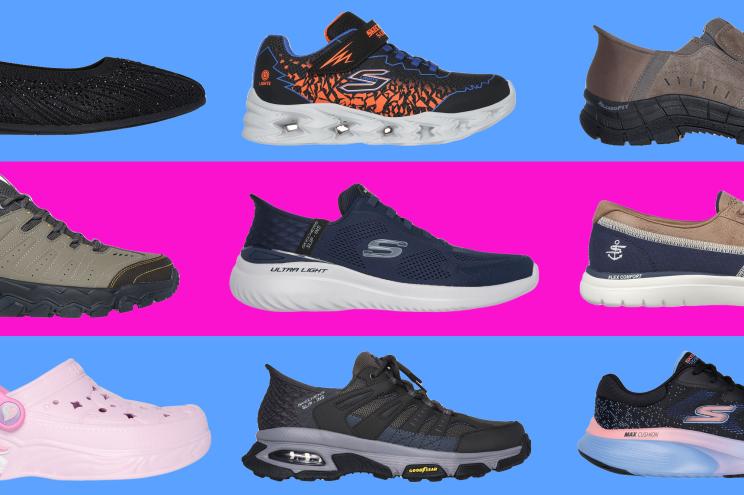 A collage of different Skechers shoes