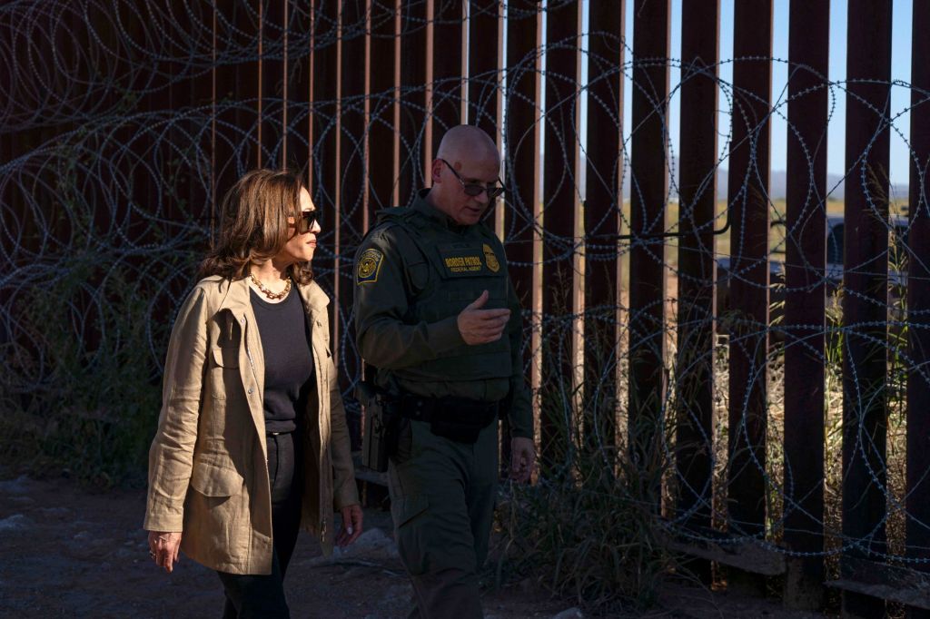 Vice President Kamala Harris visits the US-Mexico border with US Border Patrol Tuscon Sector Chief John Modlin in Douglas, Arizona on Sept. 27, 2024.