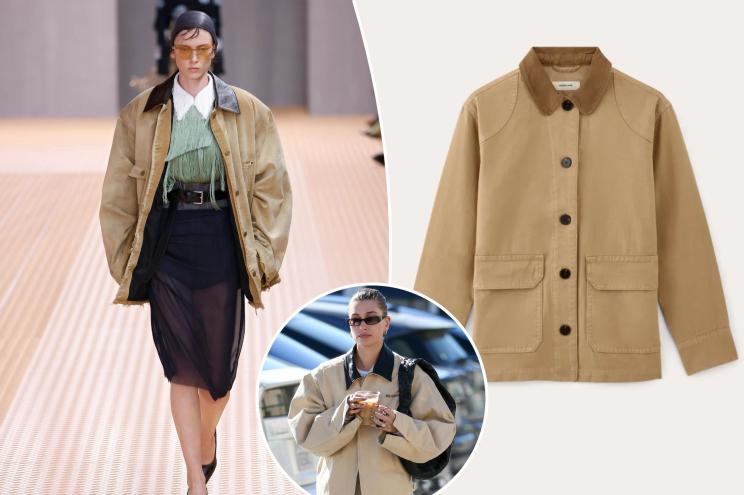 Collage of a Prada mmodel in a barn jacket, Hailey Bieber in a barn jacket and an Everlane jacket.