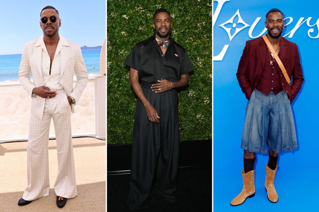 Collage of Colman Domingo at different events: Cannes Film Festival wearing Amiri, a Chanel dinner in New York wearing Willy Chavarria, and at Louis Vuitton's Paris Fashion Week menswear show.